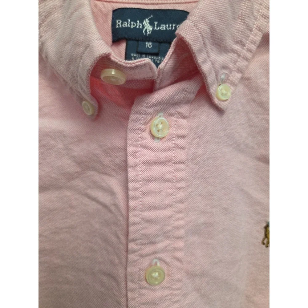 Ralph Lauren Boys Pink Oxford Button Down Shirt Size Large 16 Flesh Pony‎ Logo